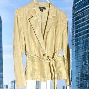 TAHARI 100% LinenBeige belted Blazer Jacket SzM Spring Summer Minimalist Classic